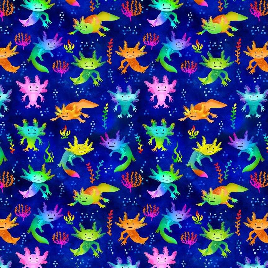 Timeless Treasures 100% Cotton Fabric Cute Bright Axolotl Salamanders Amphibian Blue (TT Ocean Life 6)