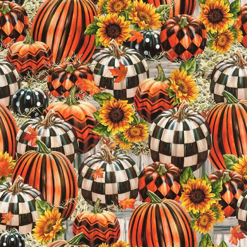 Timeless Treasures Large Checkered Plaid & Stripe Pumpkin Halloween Sunflowers Orange (TT Bewitched 2)