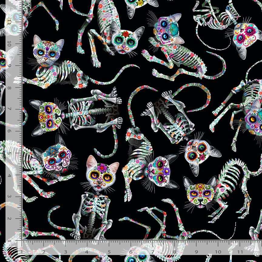 Timeless Treasures Tossed Skeleton Bones Cats Spooky Halloween Animal Black (TT Day Of The Dead 1)