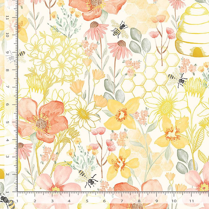 Timeless Treasures Large Beehive Garden Floral Cream Remnant (49cm x 55cm TT Home Sweet Home 1)