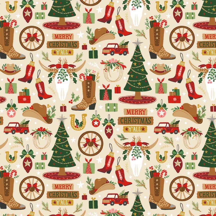 Timeless Treasures BH CD4081 BEIGE Western Cowboy Festive Holiday Décor Christmas Beige 100% Cotton Fabric | Quilting, Dressmaking & Craft Fabric (TT Cowboy Christmas 1)