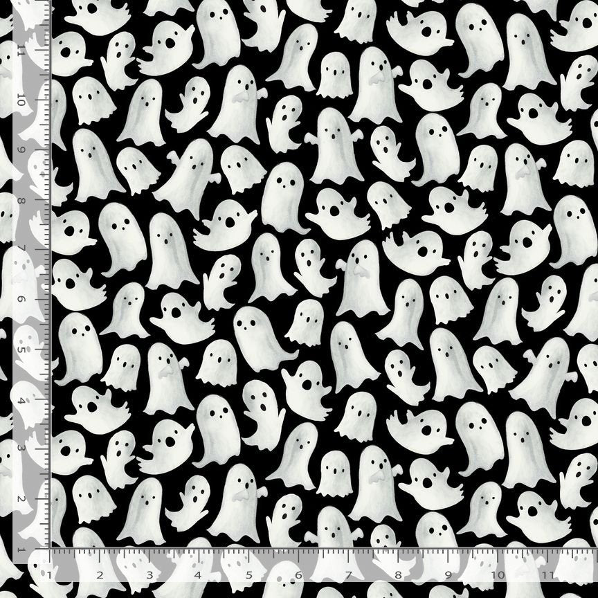Timeless Treasures 100% Cotton Fabric Halloween Scary Ghosts BOO Black (TT Haunted House 2)