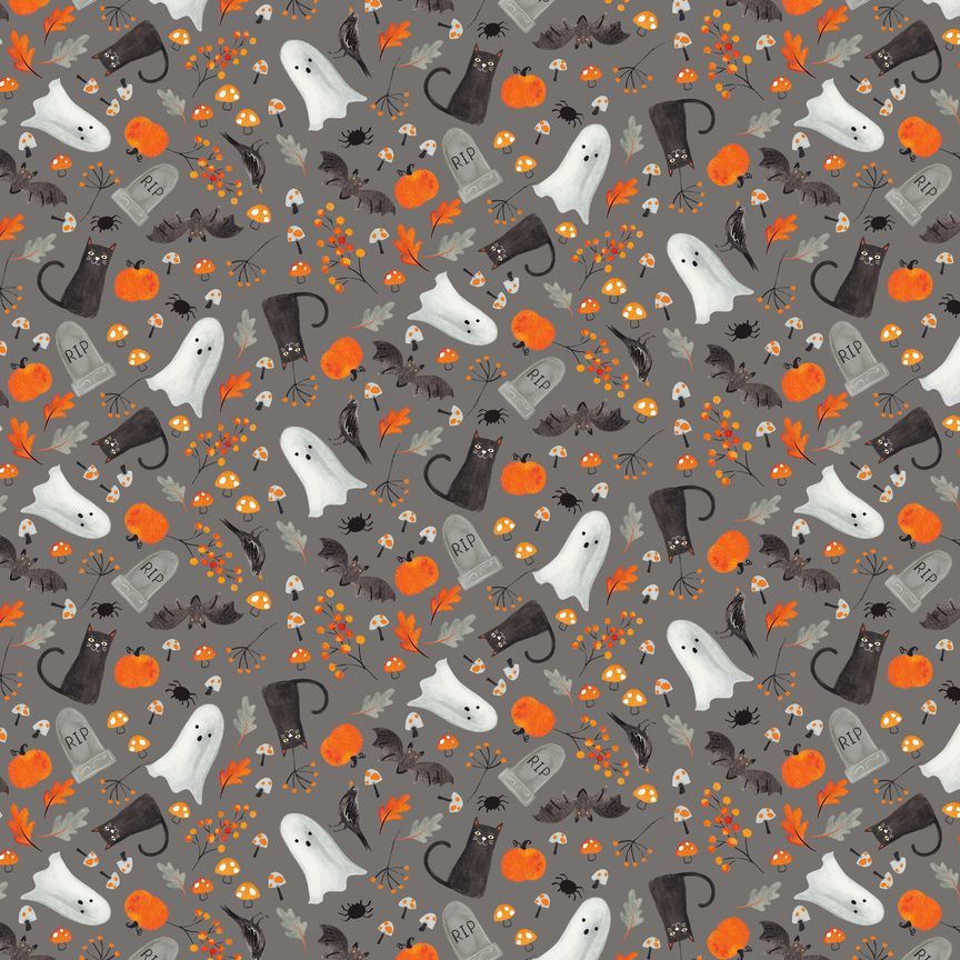 Timeless Treasures 100% Cotton Fabric Halloween Ghosts Cat Bat Pumpkin Grey Remnant (27cm x 112cm TT Haunted House 3)