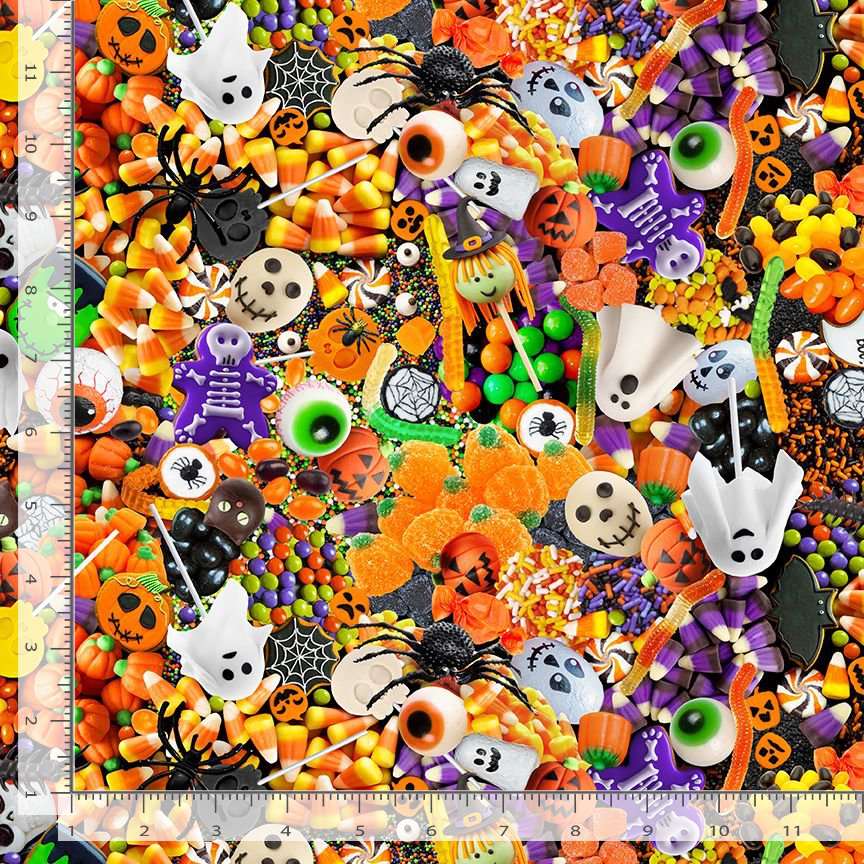 Timeless Treasures 100% Cotton Fabric Halloween Trick Or Treat Sweets Candy Multi-Coloured (TT All I Boo What I Want 1)