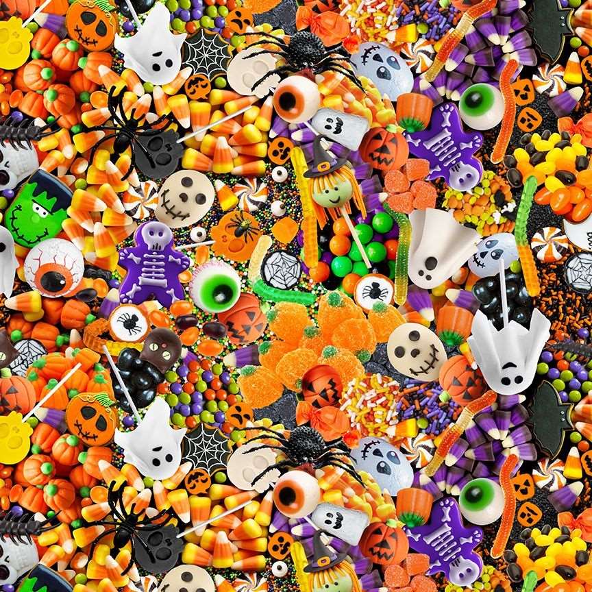 Timeless Treasures 100% Cotton Fabric Halloween Trick Or Treat Sweets Candy Multi-Coloured (TT All I Boo What I Want 1)
