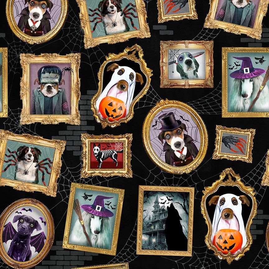 Timeless Treasures Dog Halloween Costumes Animal Spooky Portraits Black (TT Pick Your Poison 1)