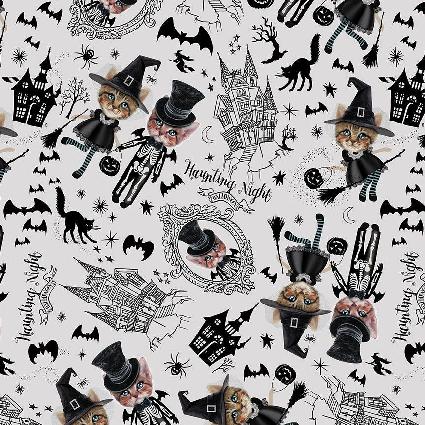 Timeless Treasures Halloween Costumed Kittens Animal Cats Spooky Bats Haunted Night Grey (TT Pick Your Poison 2)