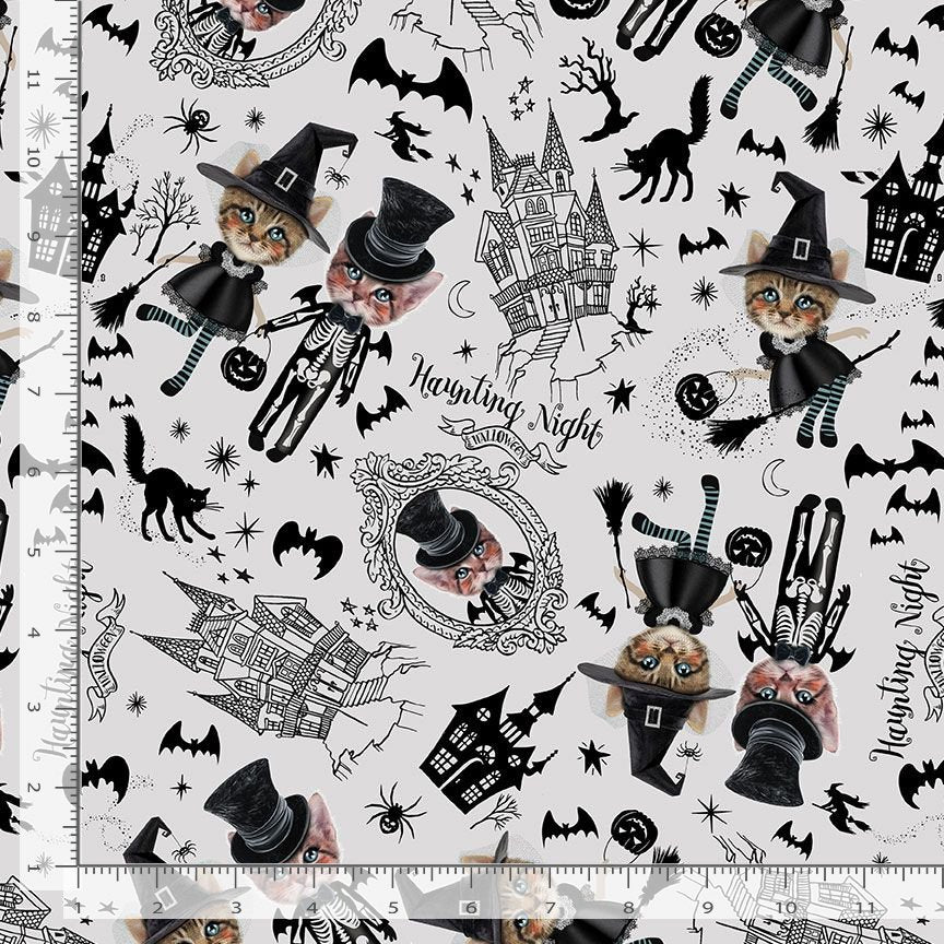 Timeless Treasures Halloween Costumed Kittens Animal Cats Spooky Bats Haunted Night Grey (TT Pick Your Poison 2)