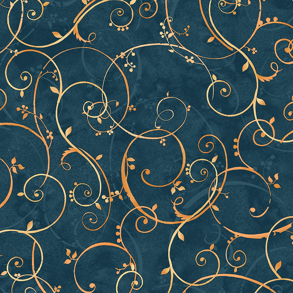P & B Textiles BOUN 5883 N Golden Scroll Navy 100% Cotton Fabric for Sewing & Crafts (PB Bountiful 5)