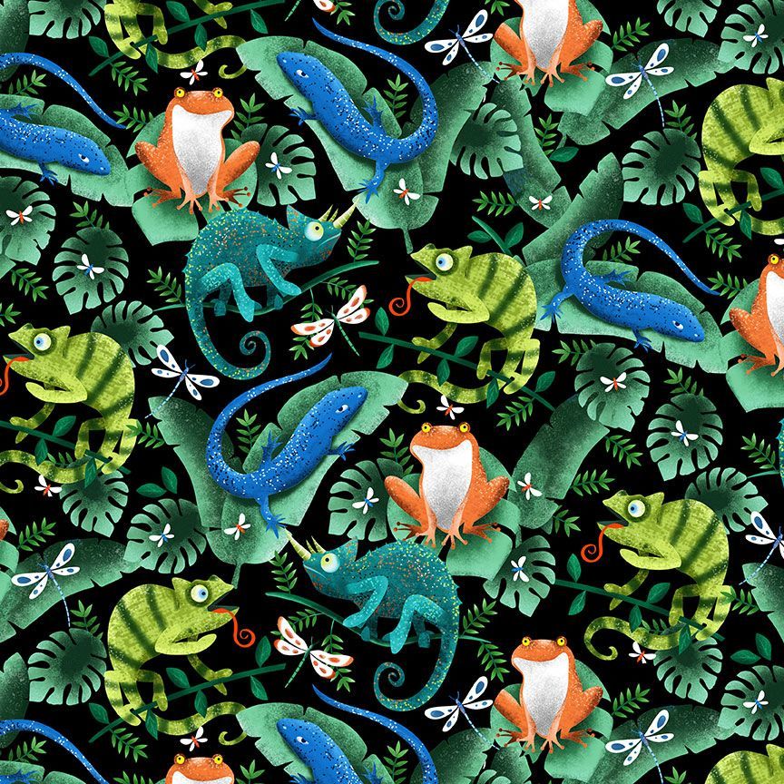Timeless Treasures Geckos Chameleon Frogs Lizards Nature Animals Leaves Black (TT Lizards 1)
