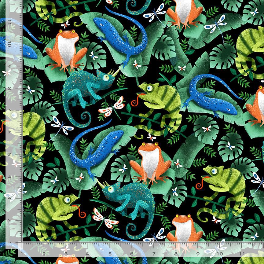 Timeless Treasures Geckos Chameleon Frogs Lizards Nature Animals Leaves Black (TT Lizards 1)