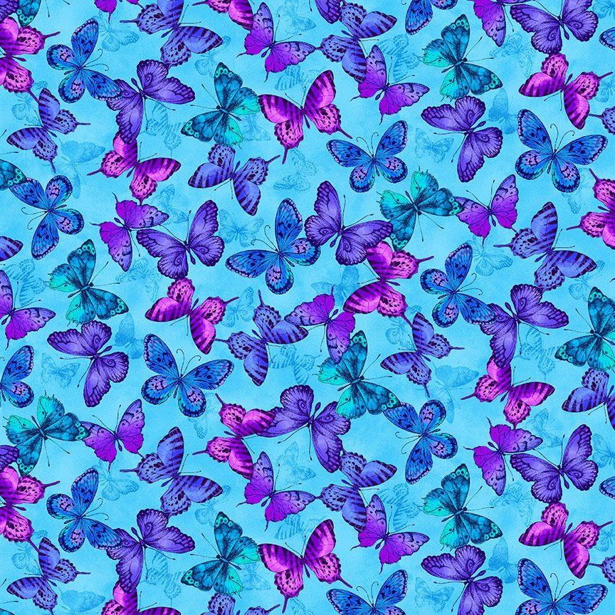 Timeless Treasures Pretty Flying Butterflies Nature Insects Blue (TT Midnight Bloom 1)