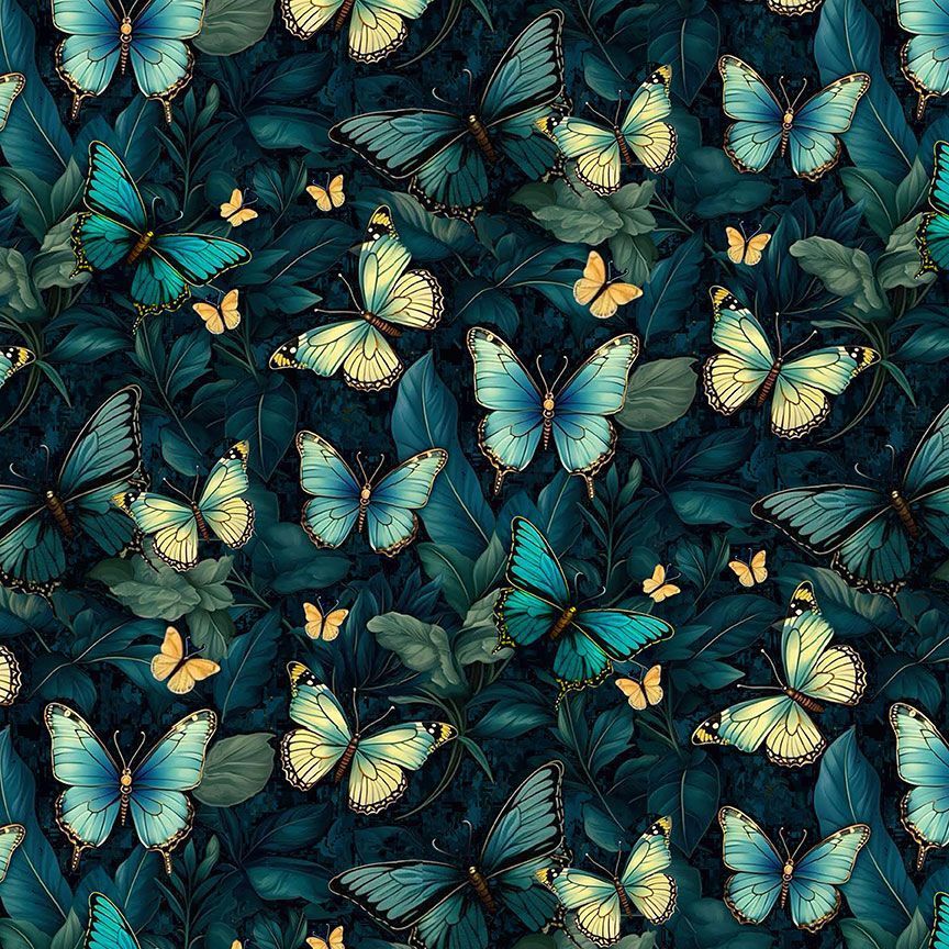 Timeless Treasures Pretty Midnight Butterflies Nature Insects Teal Green Remnant (21cm x 112cm TT Forest Whisper 1)
