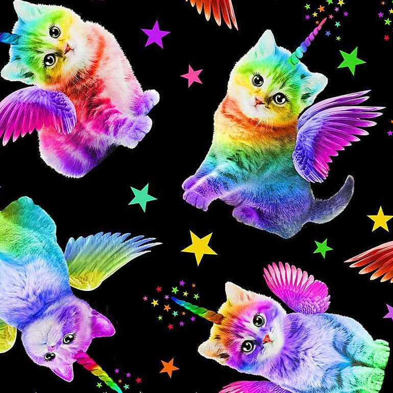 Timeless Treasures Rainbow Unicorn Cats Animal Stars Black (TT Rainbow Unicorn Cats)