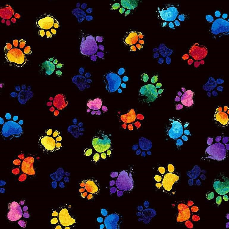 Timeless Treasures Rainbow Pet Paw Prints Black (TT Multi-Coloured Paw Prints)