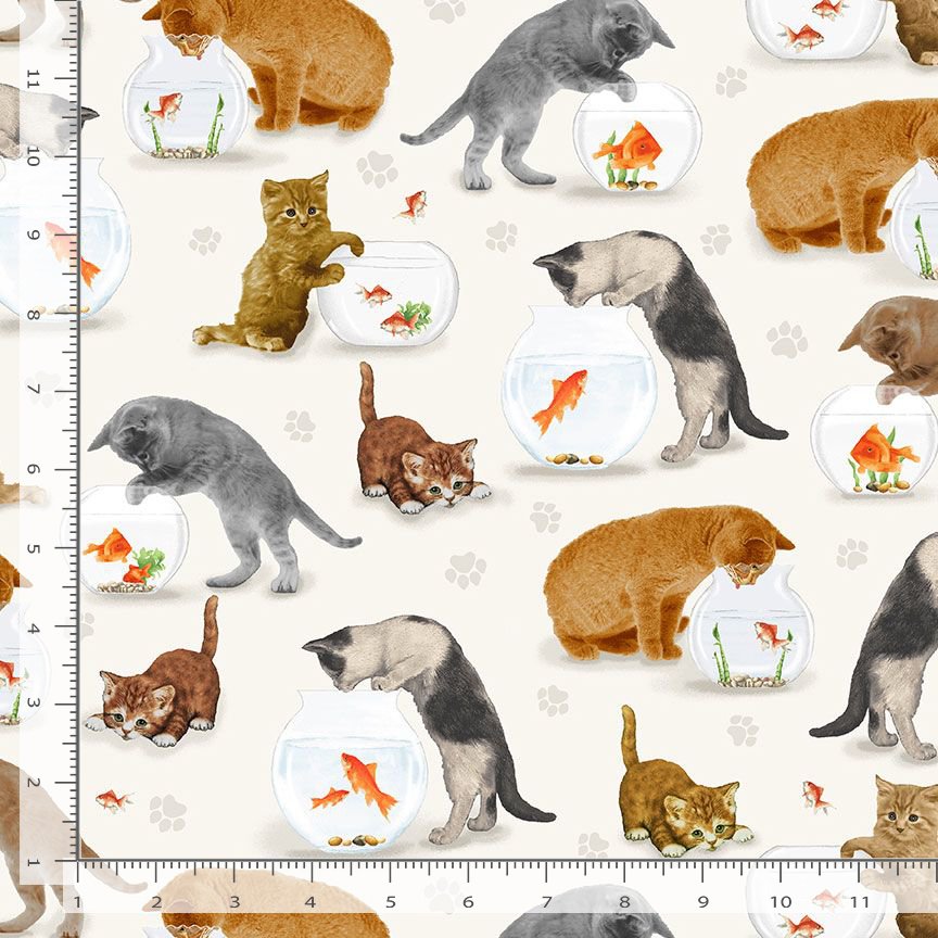 Timeless Treasures Cats And Fish Bowl Cream Remnant (49cm x 54cm TT You Had Me At Meow 1)