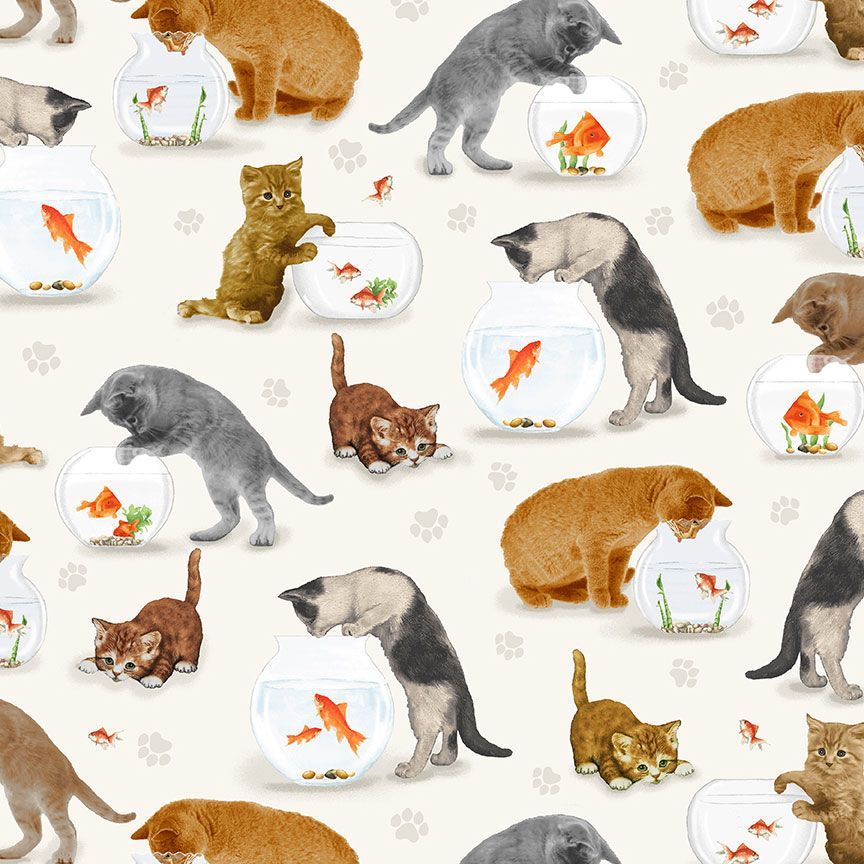 Timeless Treasures Cats And Fish Bowl Cream Remnant (49cm x 54cm TT You Had Me At Meow 1)