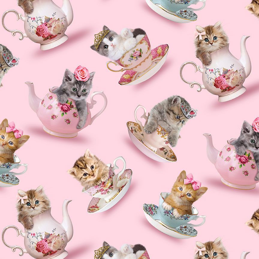 Timeless Treasures Packed Cute Princess Teacup Teapot Cats Feline Kitten Animals Pink Remnant (34cm x 112cm TT Teacup Kitty 1)