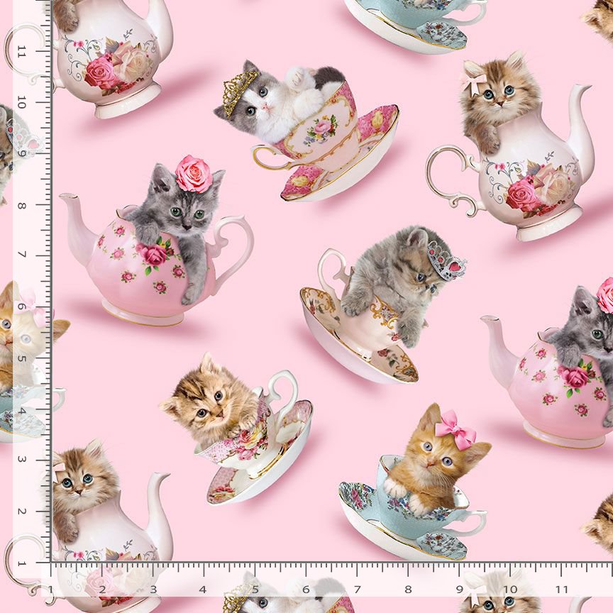 Timeless Treasures Packed Cute Princess Teacup Teapot Cats Feline Kitten Animals Pink Remnant (34cm x 112cm TT Teacup Kitty 1)