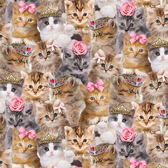Timeless Treasures Packed Cute Princess Cats Feline Animals Natural (TT Teacup Kitty 2)