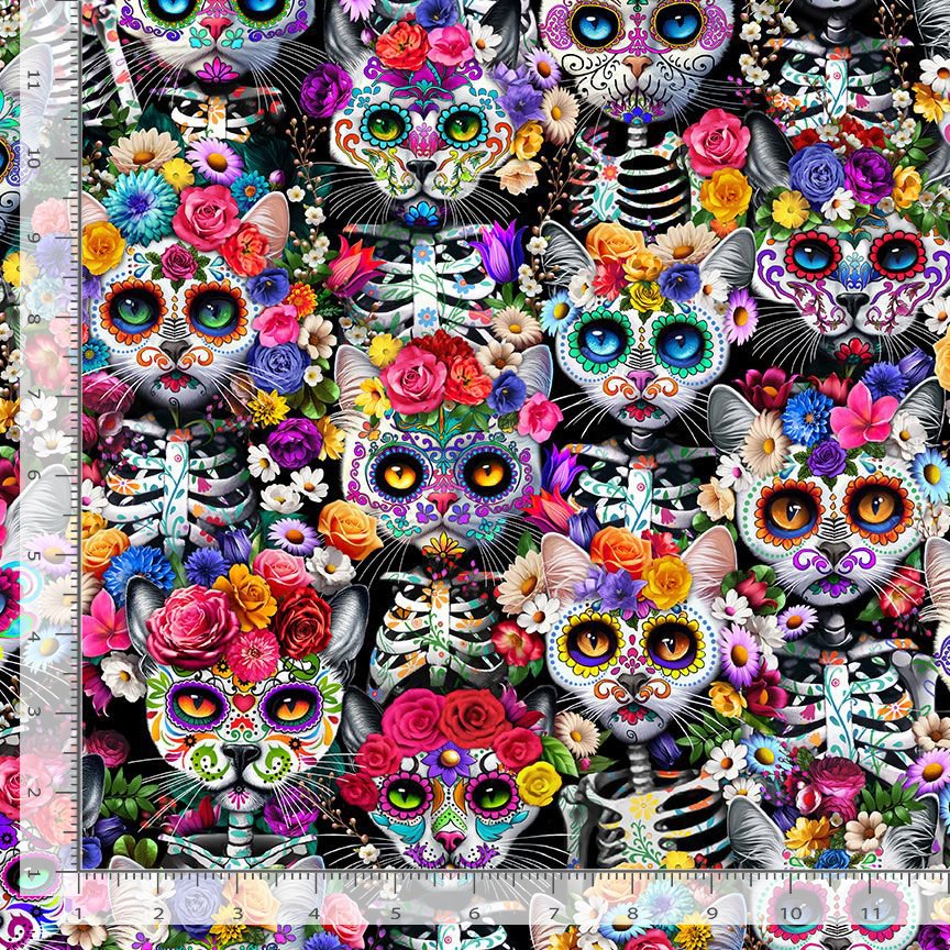 Timeless Treasures Packed Skeleton Floral Cats Spooky Halloween Animal Black (TT Day Of The Dead 2)