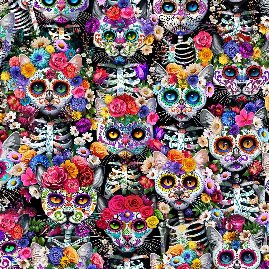 Timeless Treasures Packed Skeleton Floral Cats Spooky Halloween Animal Black (TT Day Of The Dead 2)