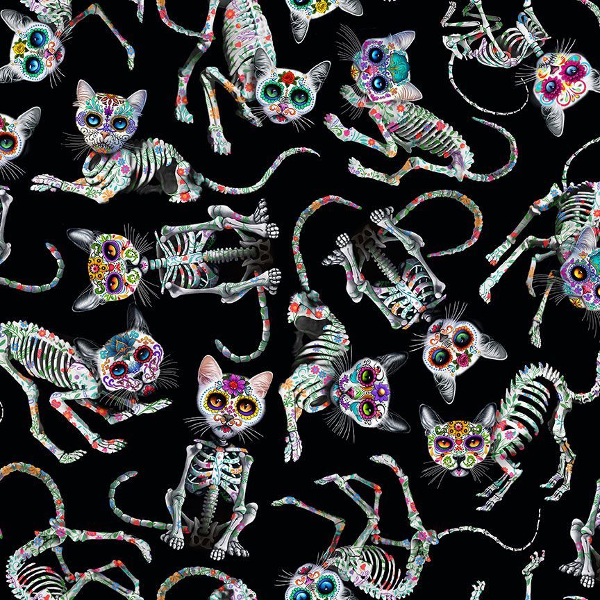 Timeless Treasures Tossed Skeleton Bones Cats Spooky Halloween Animal Black (TT Day Of The Dead 1)