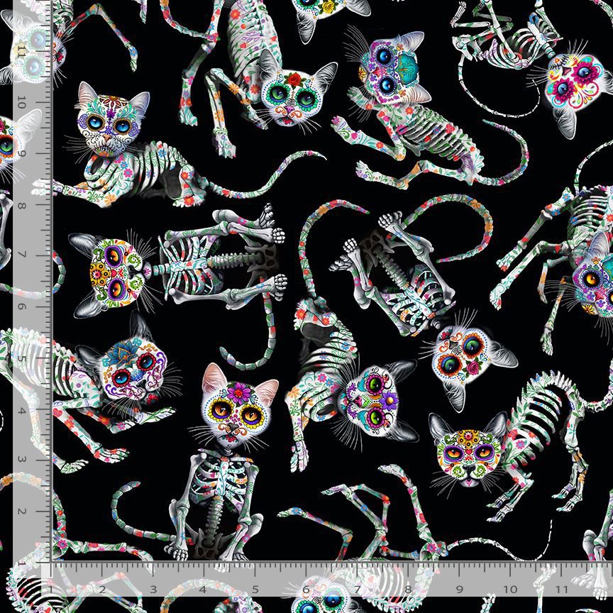 Timeless Treasures Tossed Skeleton Bones Cats Spooky Halloween Animal Black (TT Day Of The Dead 1)