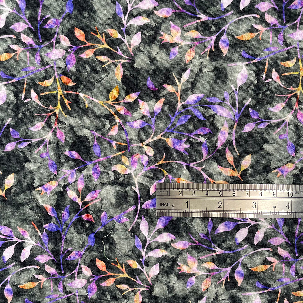 Crafty By Chatham Glyn CC305 BATIK TRAIL 05 100% Cotton Digital Extra Wide Fabric – Purple Leaf Vine Batik Craft Cotton on Charcoal Background (CC Batik Trail 5)