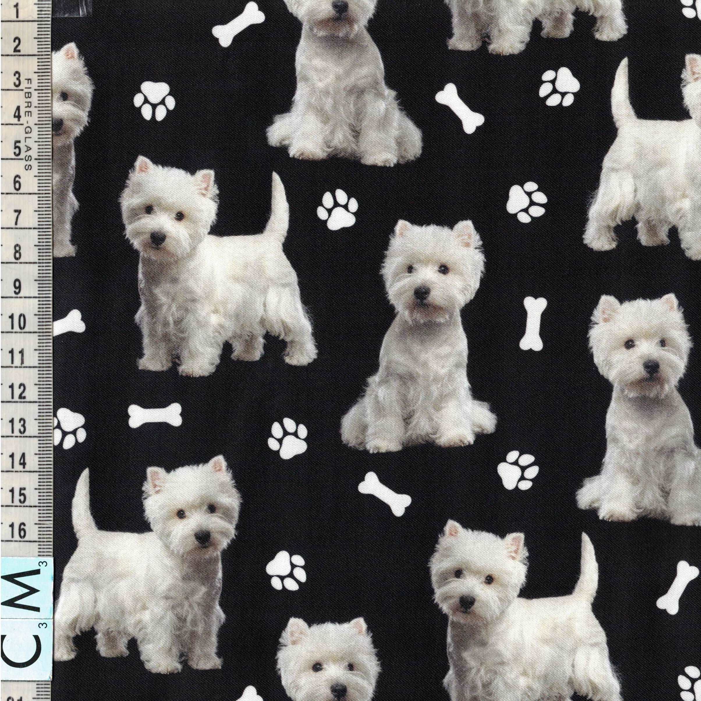 Quirky Cottons West Highland Terrier Toy Dog Breed Bone Paw Prints Black (QC Westie-1 METRE PIECE)