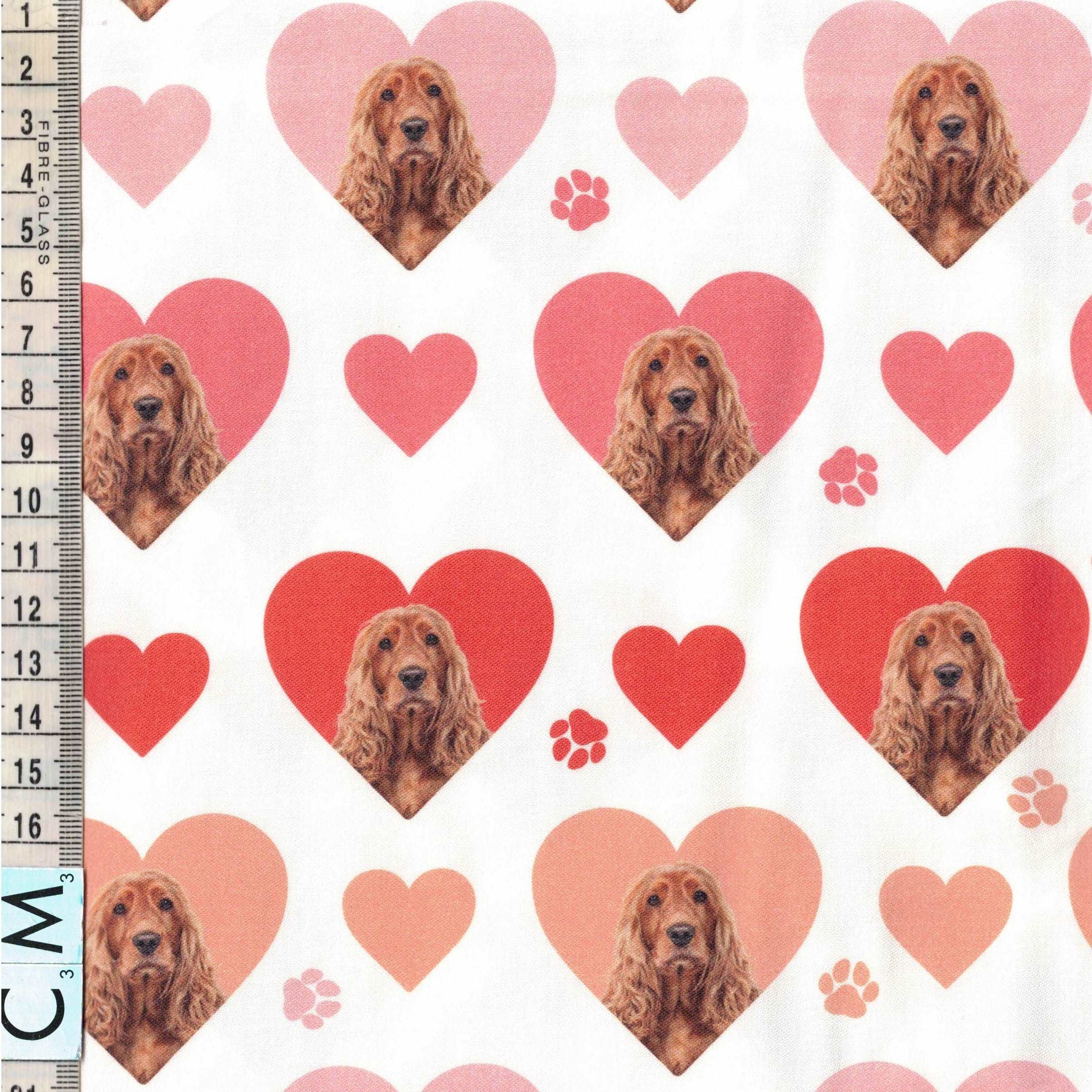 Quirky Cottons Paw Prints Hearts Dog Breed Animal White (QC Cocker Spaniel-1 METRE PIECE)