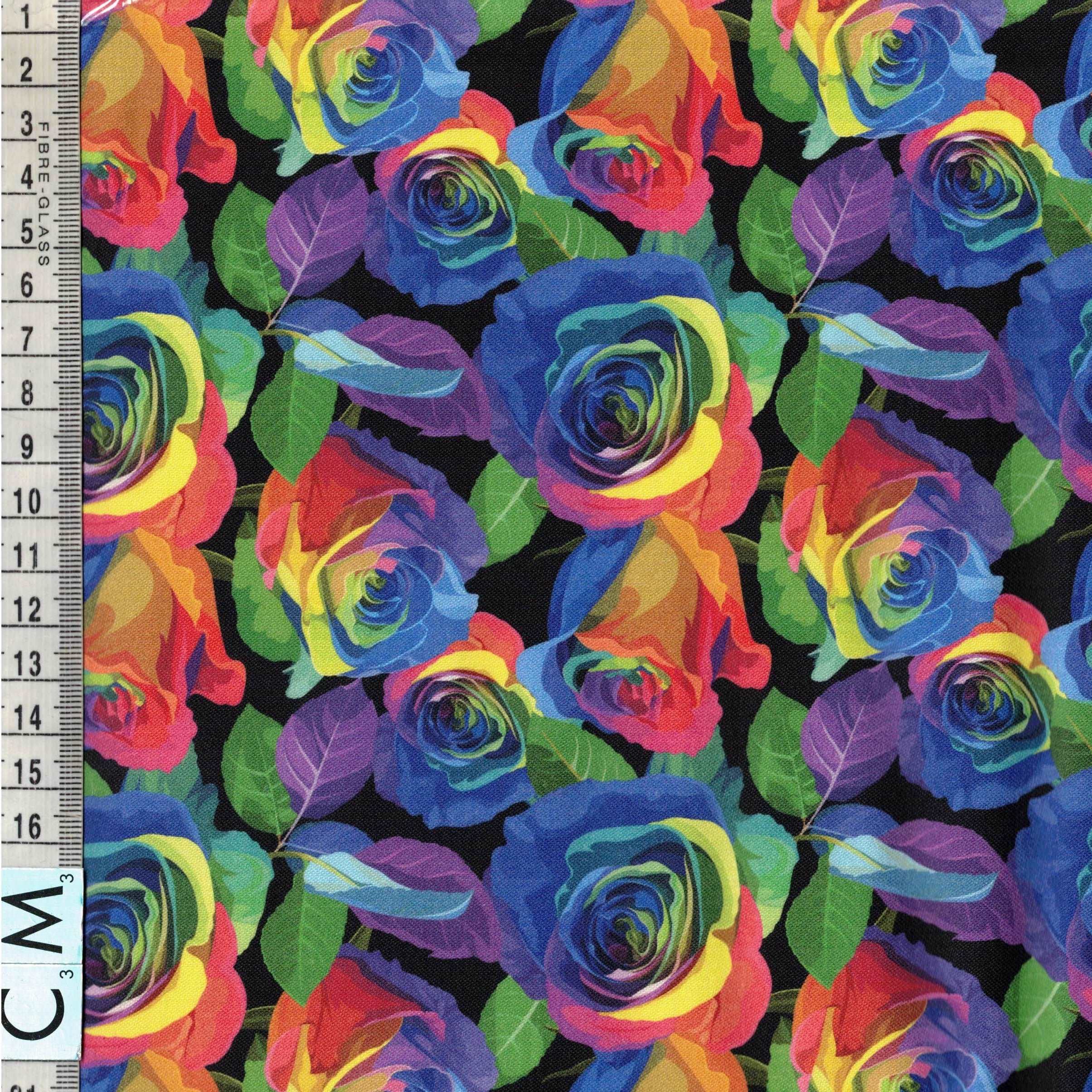 Quirky Cottons Packed Rainbow Roses Floral Multi-Coloured (QC Rainbow Roses-1 METRE PIECE)