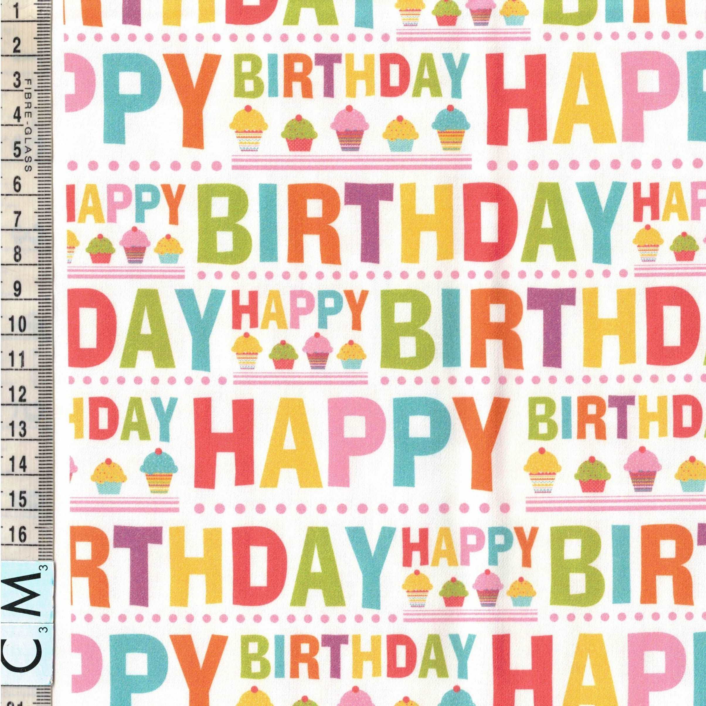 Quirky Cottons Happy Birthday Cupcakes White (QC Happy Birthday-1 METRE PIECE)