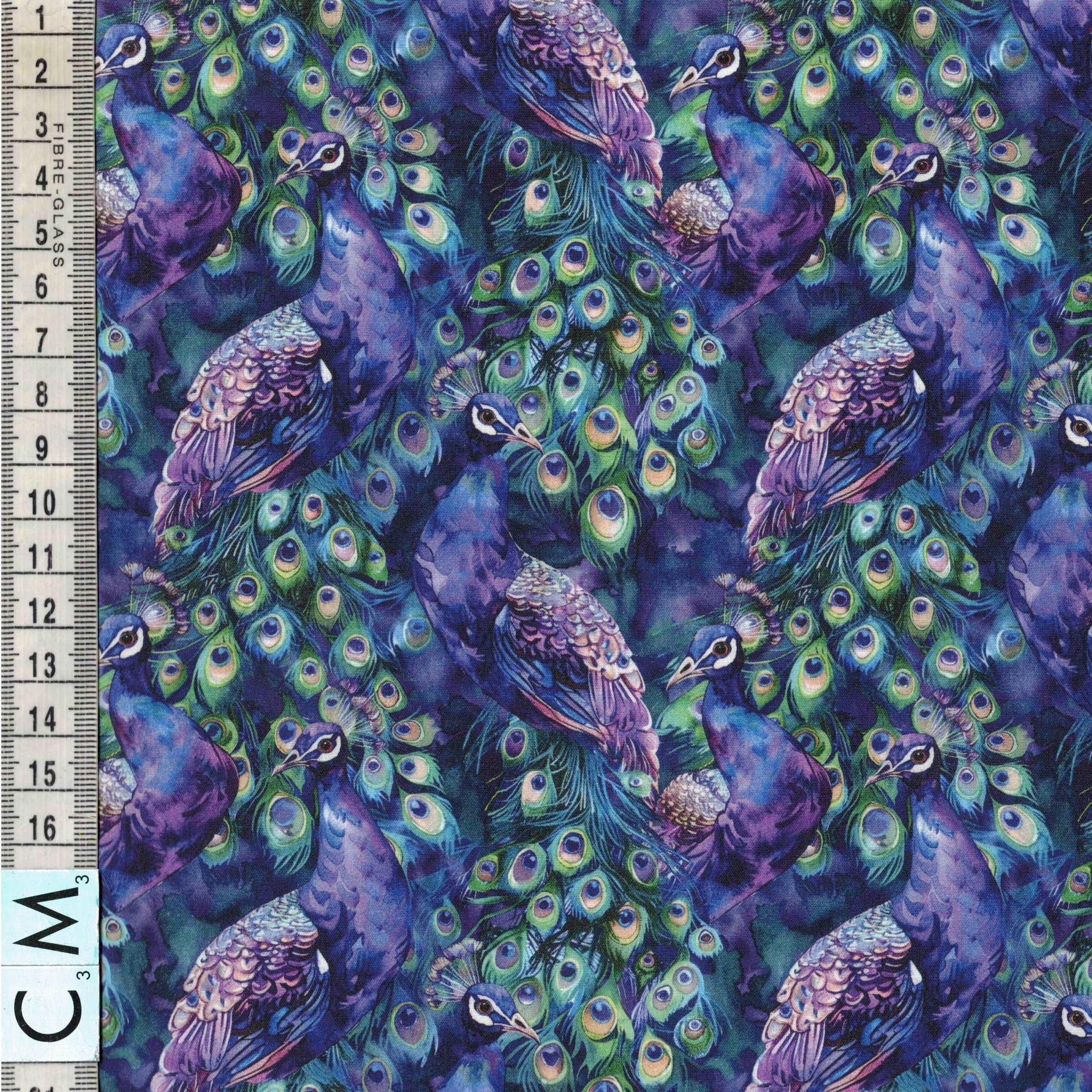 Quirky Cottons Animal Wildlife Elegant Bird Peafowl Peahen Feathers Eyes Purple (QC Purple Peacocks- METRE PIECE)