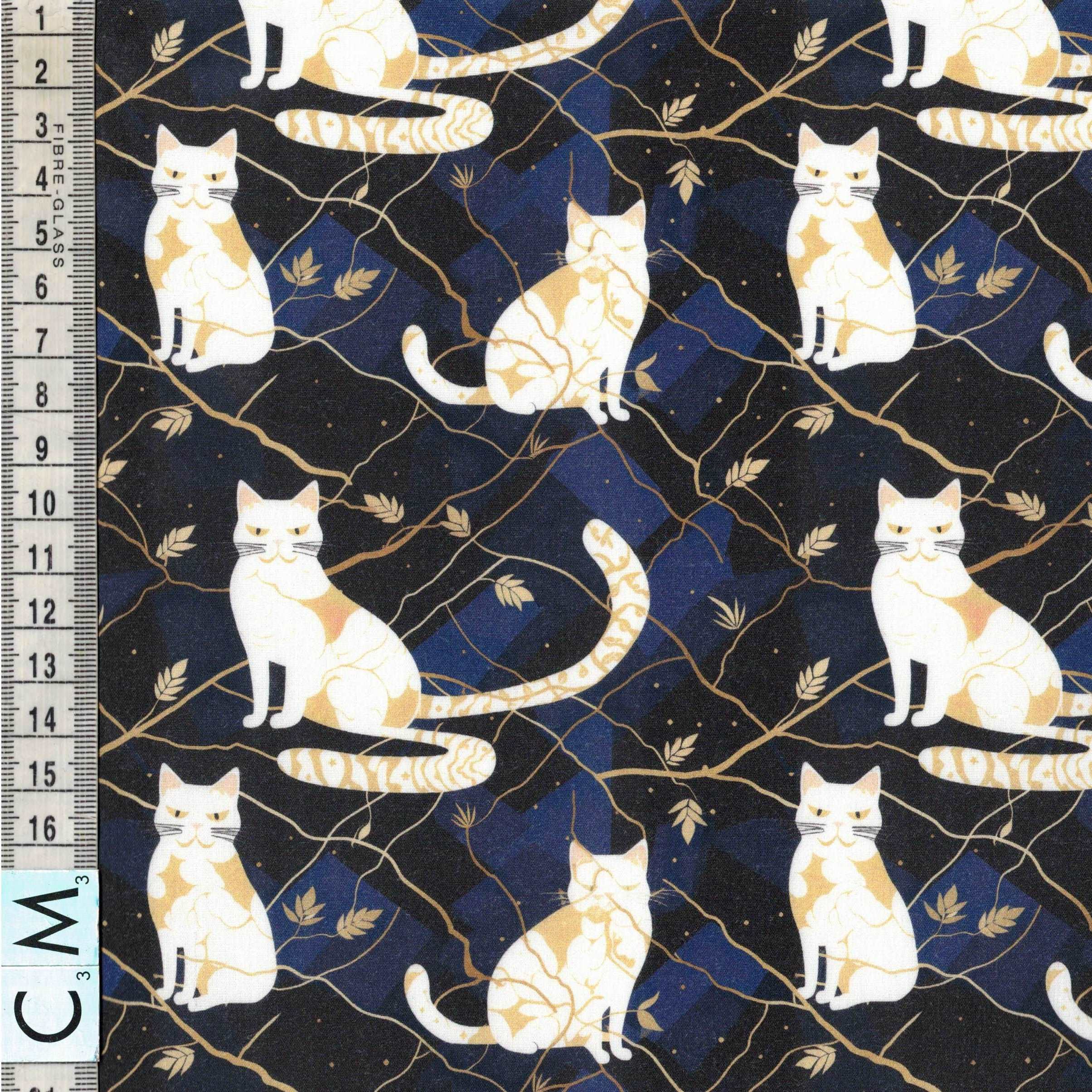 Quirky Cottons Feline Cat Pet Gold Animal Dark Blue (QC Regency Cats- 1 METRE PIECE)