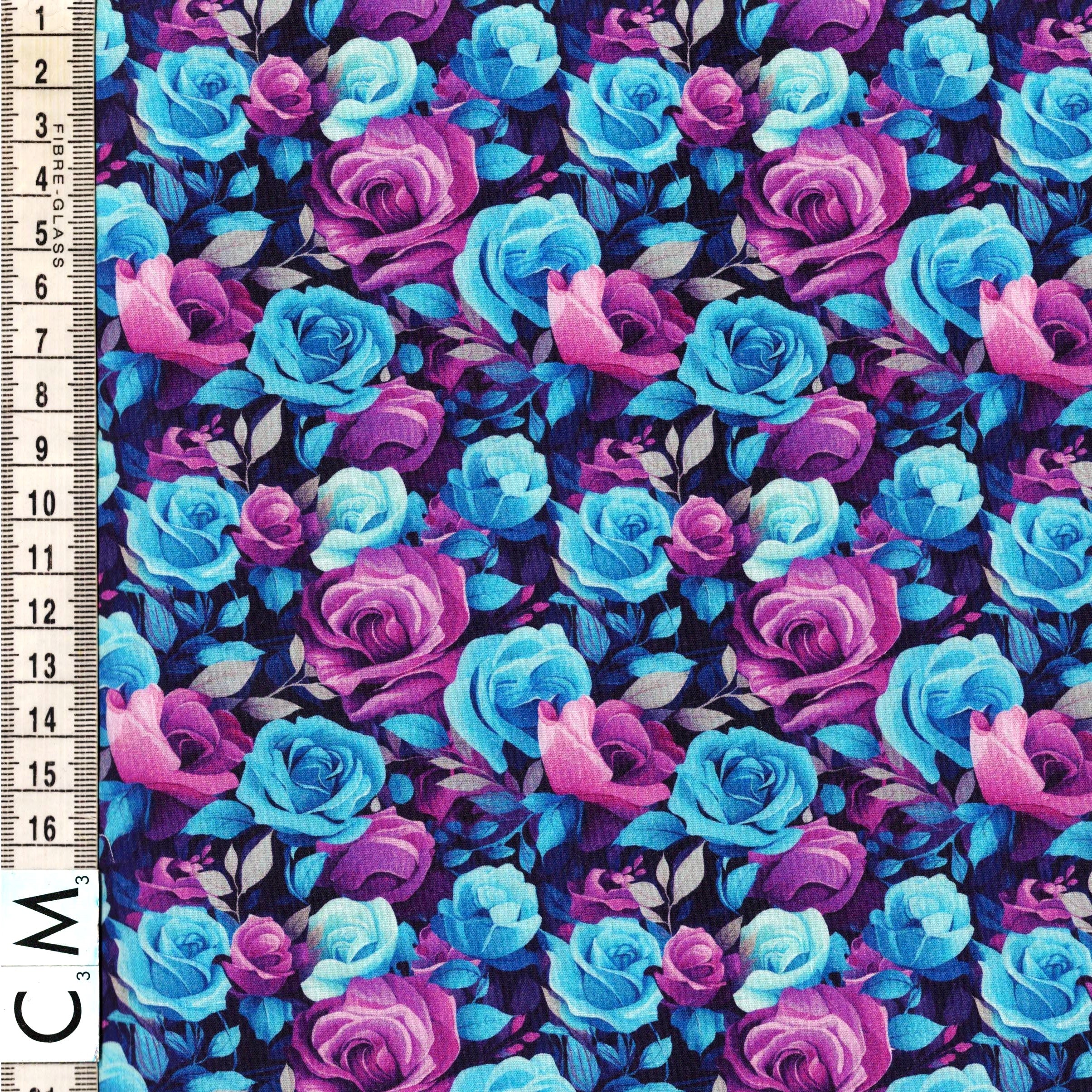 PRE-ORDER Quirky Cotton Flowers Packed Roses Floral Nature Purple Teal (PRE-ORDER QC Purple & Teal Roses )