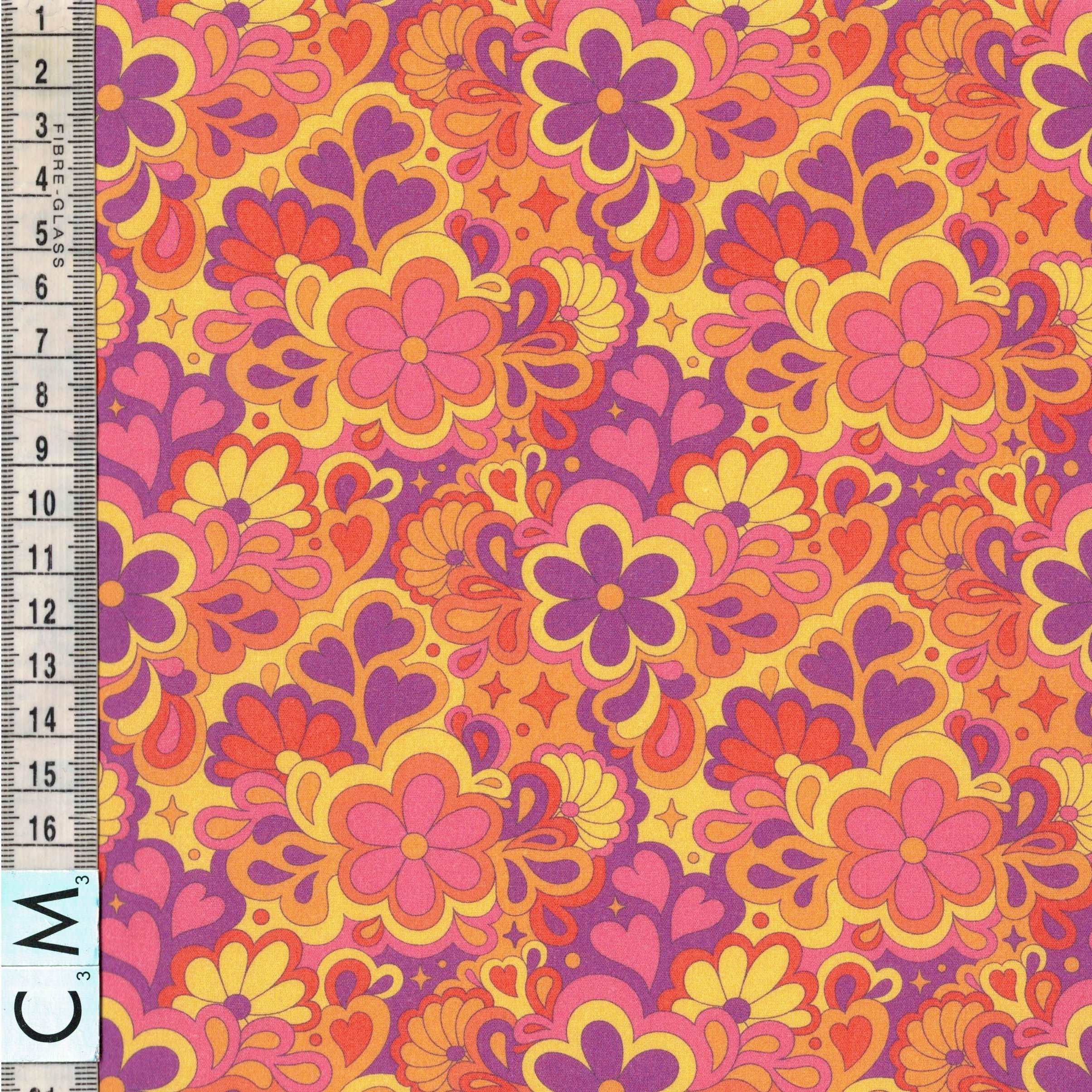 Quirky Cottons Retro Old School Psychedelic Hippie Design Hearts Orange (QC Groovy Flowers 1- METRE PIECE)