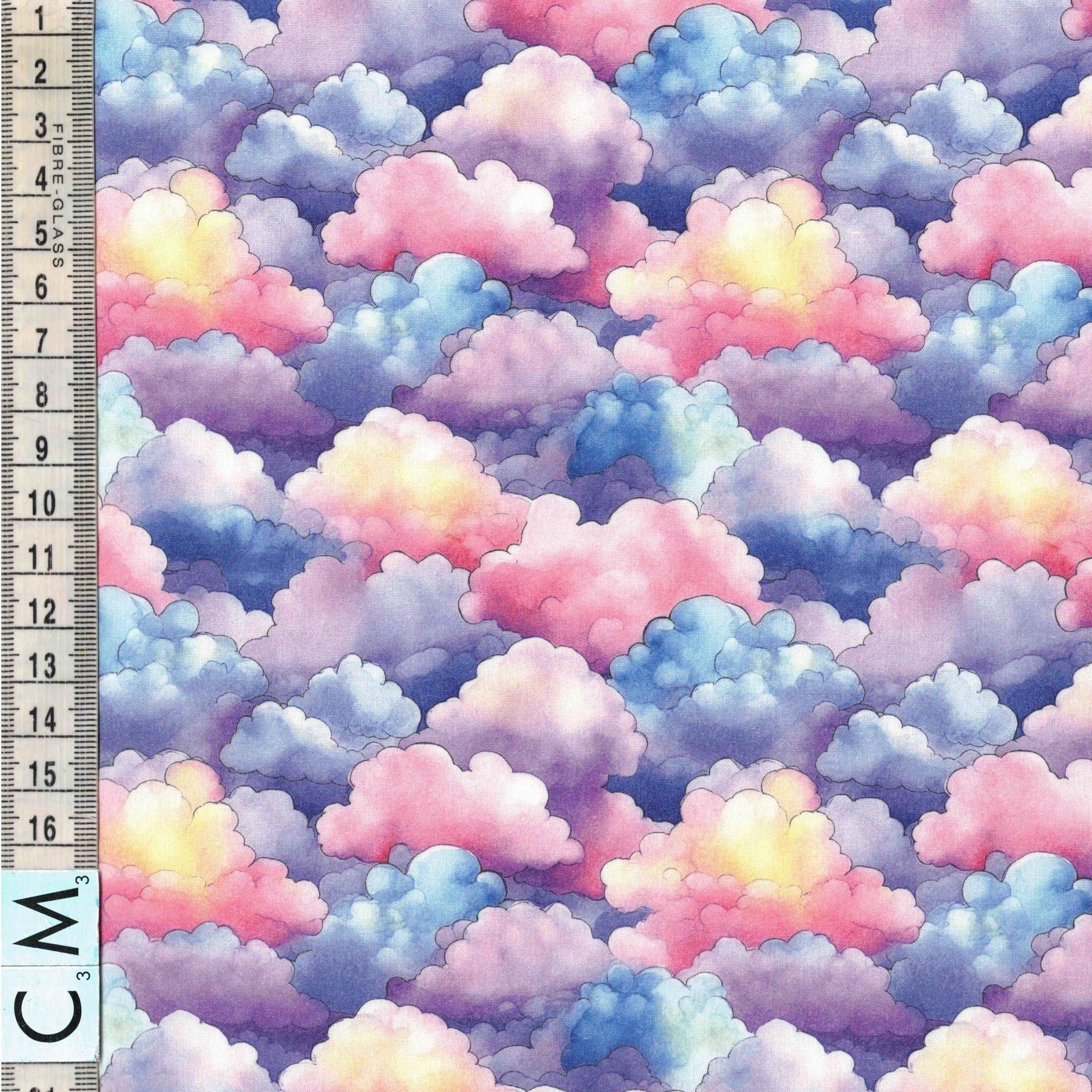 Quirky Cotton Fluffy Round Cloud Sky Nature Pink Blue (QC Watercolour Clouds- 1 METRE PIECE)