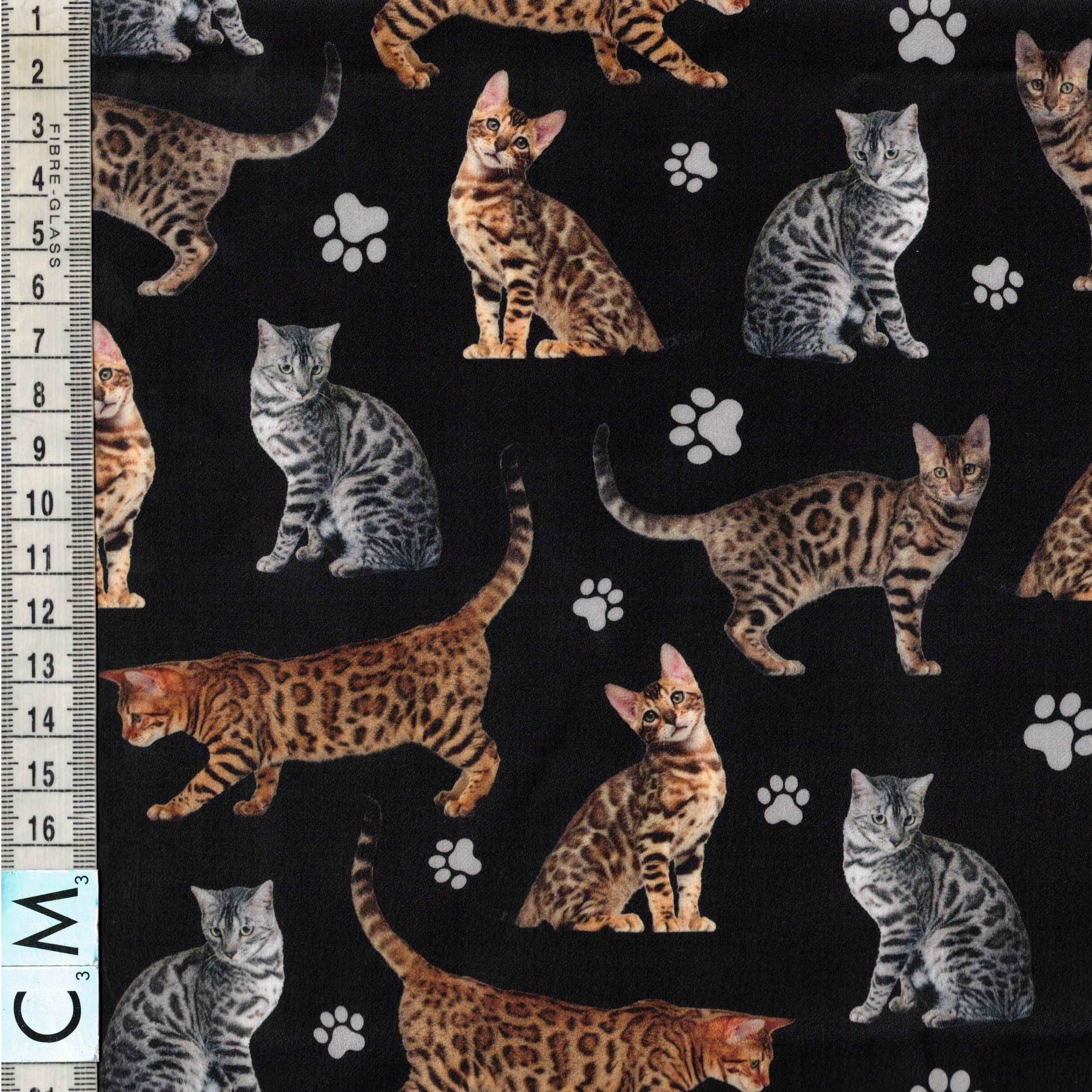 Quirky Cottons Paw Prints Feline Cat Stripes Breed Pet Black (QC Bengal-1 METRE PIECE)