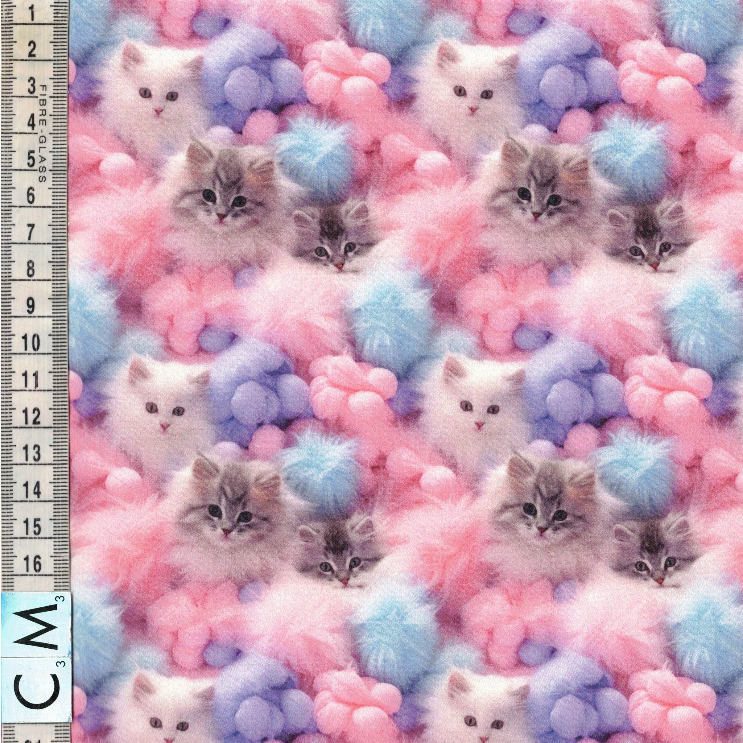 PREORDER Quirky Cottons Cute Cats Feline Fluffy Pom Poms Pink Purple (PREORDER QC Adora-Paw)