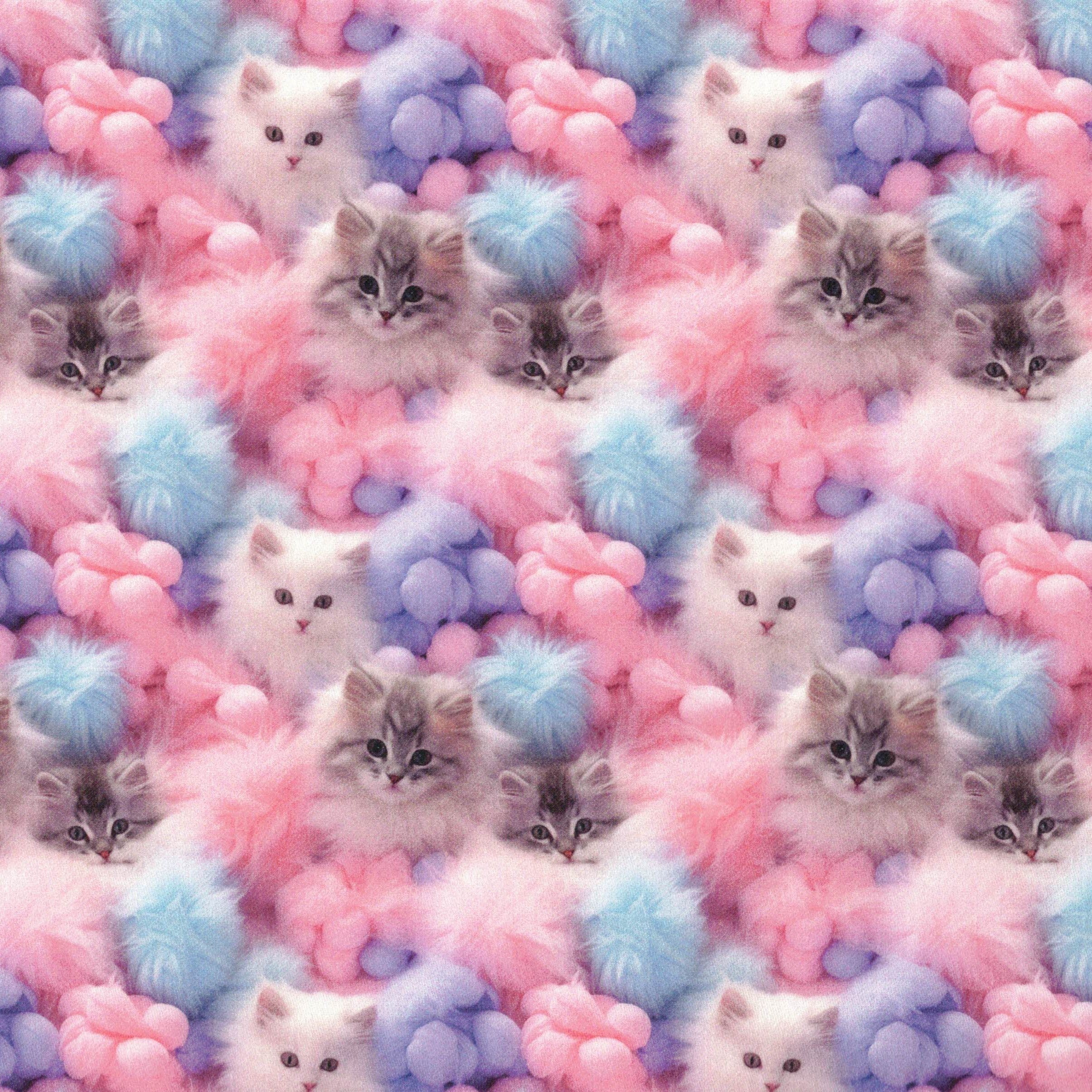 PREORDER Quirky Cottons Cute Cats Feline Fluffy Pom Poms Pink Purple (PREORDER QC Adora-Paw)