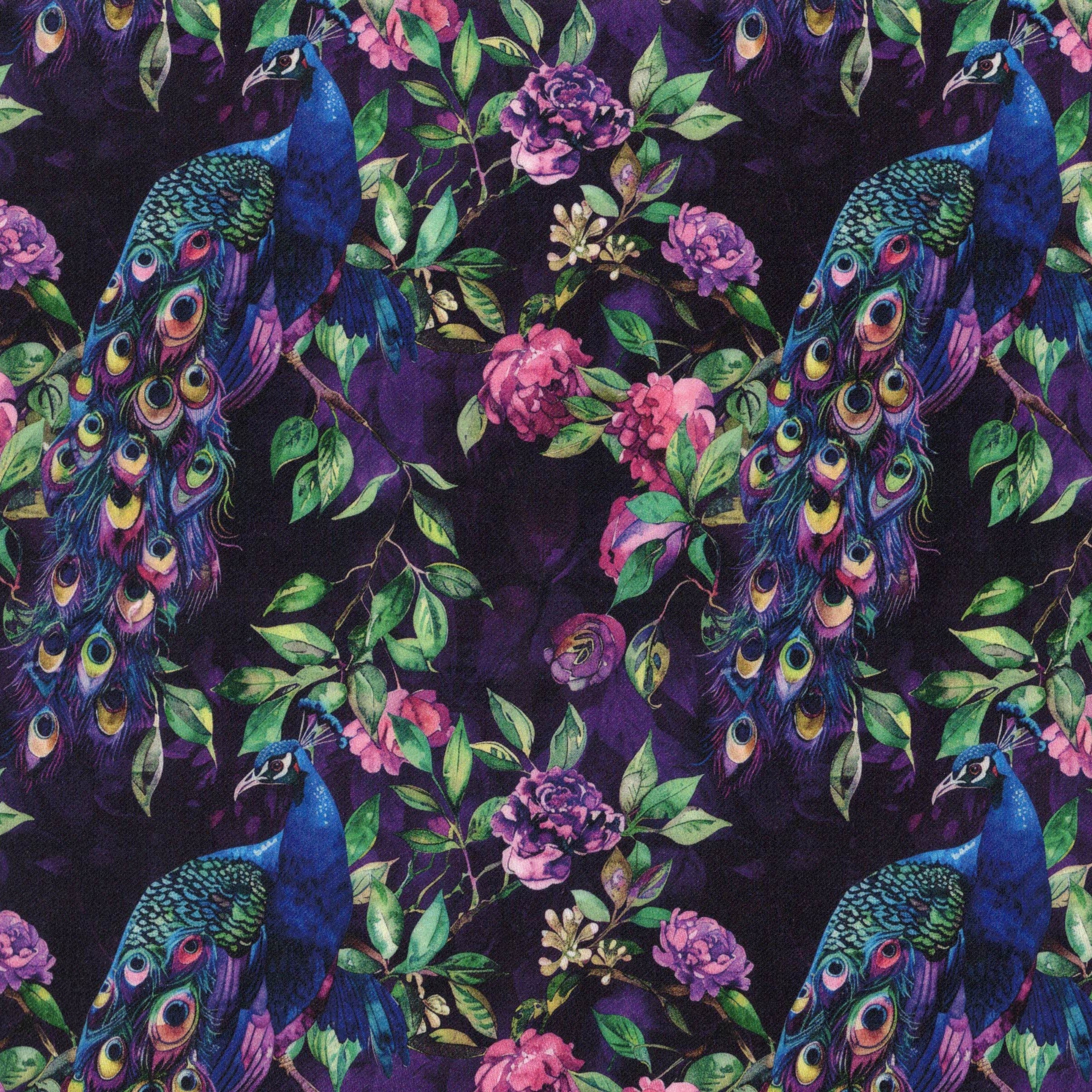 PREORDER Quirky Cottons Elegant Peacock Bird Flowers Feathers Eggplant (PREORDER QC Opulent Peacock)