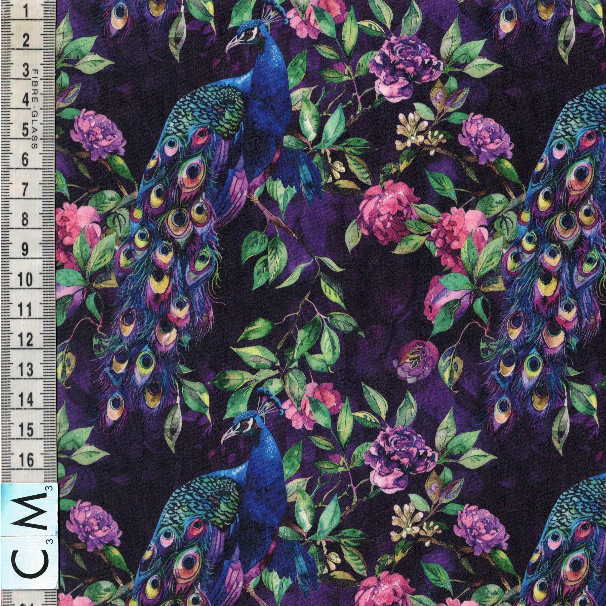 PREORDER Quirky Cottons Elegant Peacock Bird Flowers Feathers Eggplant (PREORDER QC Opulent Peacock)