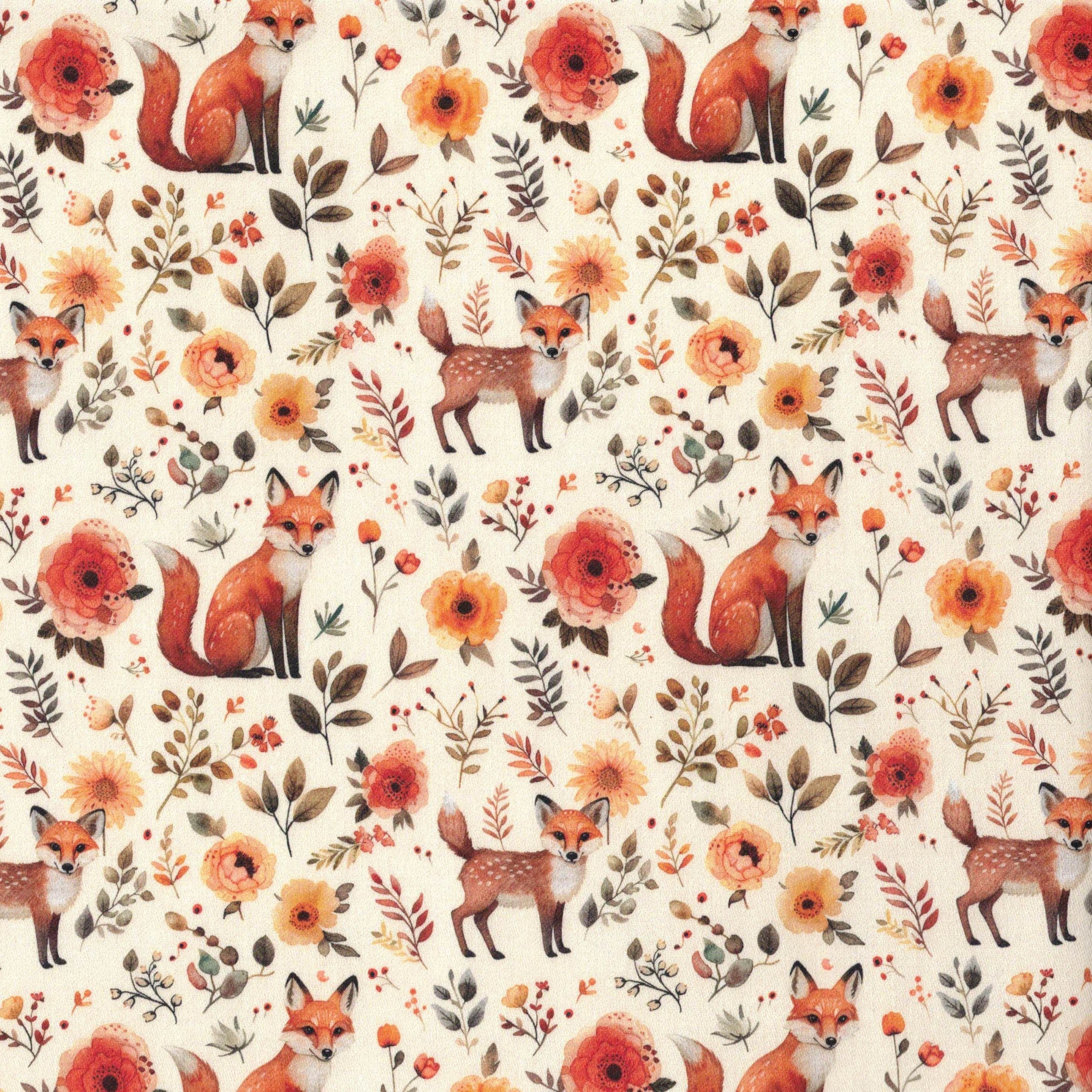 PREORDER Quirky Cottons Fox Cub Animal Flowers Nature Beige (PREORDER QC Foxy)