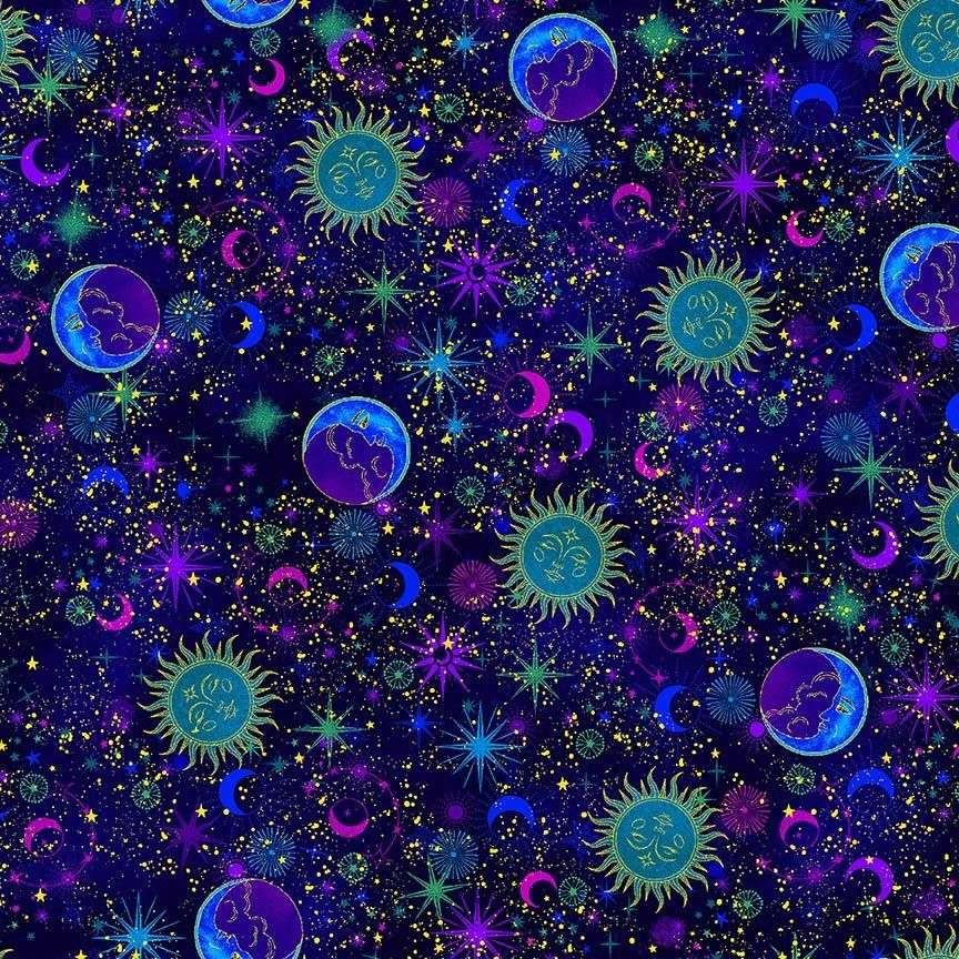 Timeless Treasures Sun Moon Star Celestial Galaxy Metallic Space Multi-Coloured Remnant (45cm x 112cm TT Cosmos 6)