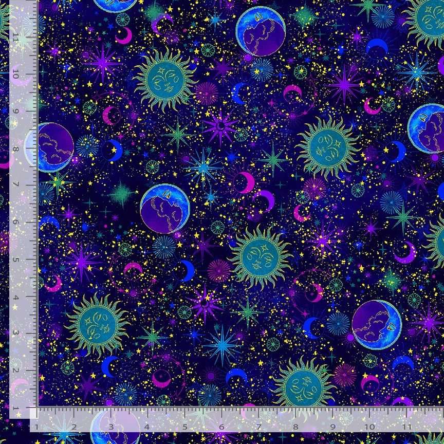 Timeless Treasures Sun Moon Star Celestial Galaxy Metallic Space Multi-Coloured Remnant (45cm x 112cm TT Cosmos 6)