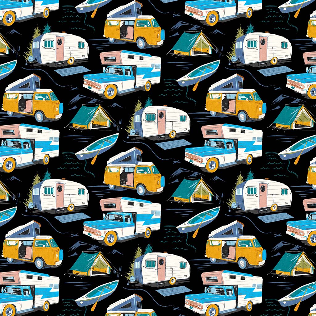 Michael Miller DCX12084 BLACK – Retro Road Trip Camping 100% Cotton Fabric – Sewing & Crafts (MM Retro Road Trip 1)