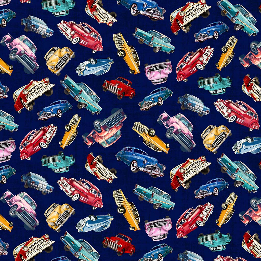 Michael Miller DCX12526 Navy Route 66 Classic Cars 100% Cotton Fabric – Vintage Car Print Quilting Cotton for Sewing & Crafts (MM Route 66 1)