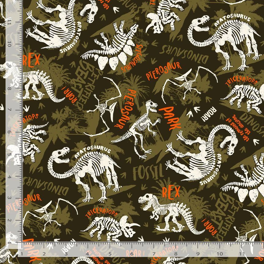 Timeless Treasures Prehistoric Animals Extinct Dinosaurs Skeletons Names Childrens Camo Green (TT Dinosaurs 1)
