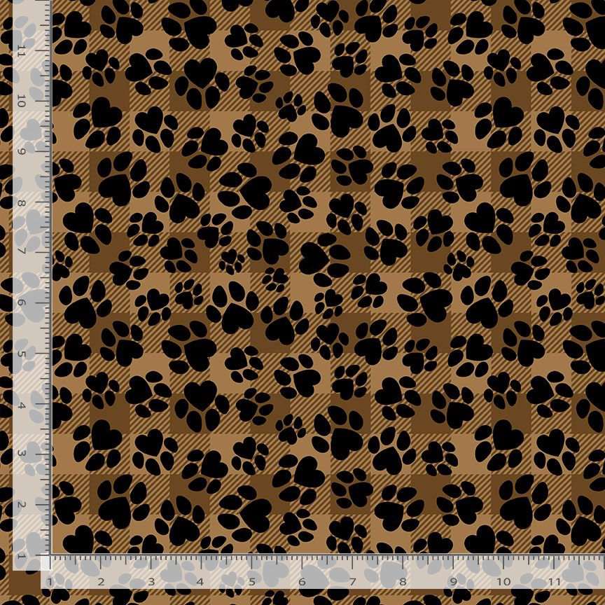 Timeless Treasures Tossed Paw Prints On Plaid Checkered Print Brown (TT Happiness Has Paws 3)